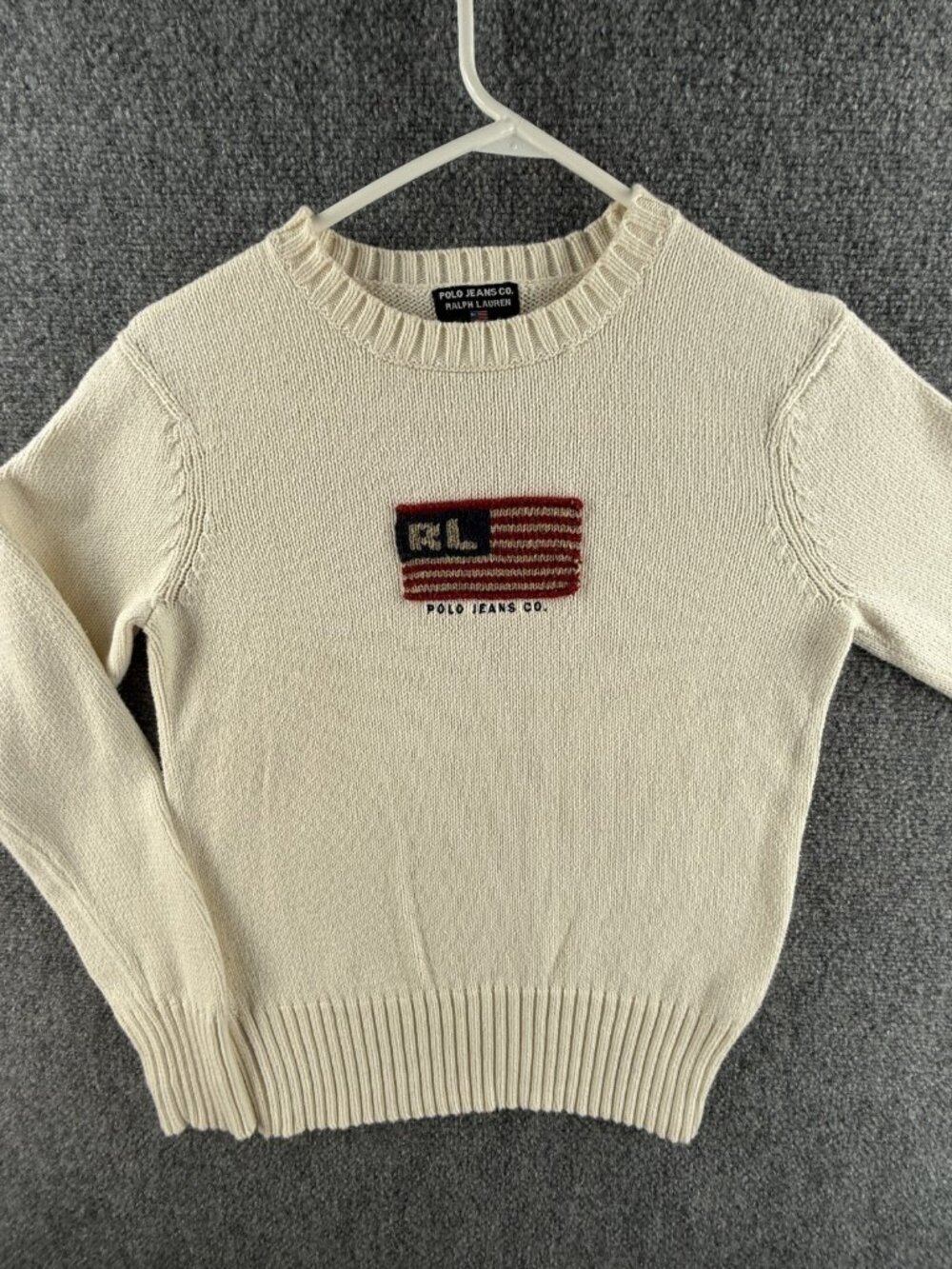 Polo Ralph Lauren Men Knit Flag Sweater Ivory Wool Logo Cotton Crew Neck Slim